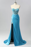 Blue Mermaid Sweetheart Sequins Tie Back Corset Long Prom Dress with Slit