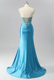 Blue Mermaid Sweetheart Sequins Tie Back Corset Long Prom Dress with Slit