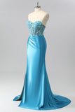 Blue Mermaid Sweetheart Sequins Tie Back Corset Long Prom Dress with Slit