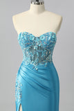 Blue Mermaid Sweetheart Sequins Tie Back Corset Long Prom Dress with Slit