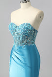 Blue Mermaid Sweetheart Sequins Tie Back Corset Long Prom Dress with Slit