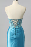 Blue Mermaid Sweetheart Sequins Tie Back Corset Long Prom Dress with Slit