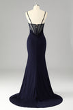 Glitter Navy Mermaid Spaghetti Straps Corset Long Prom Dress with Slit