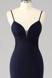 Glitter Navy Mermaid Spaghetti Straps Corset Long Prom Dress with Slit
