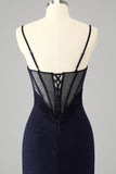Glitter Navy Mermaid Spaghetti Straps Corset Long Prom Dress with Slit