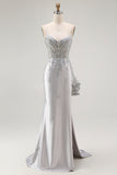 Grey Mermaid Sheer Corset Streamer Beaded Satin Long Prom Dress with Slit