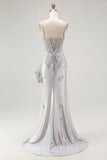Grey Mermaid Sheer Corset Streamer Beaded Satin Long Prom Dress with Slit