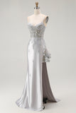 Grey Mermaid Sheer Corset Streamer Beaded Satin Long Prom Dress with Slit