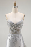 Grey Mermaid Sheer Corset Streamer Beaded Satin Long Prom Dress with Slit