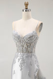 Grey Mermaid Sheer Corset Streamer Beaded Satin Long Prom Dress with Slit