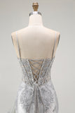 Grey Mermaid Sheer Corset Streamer Beaded Satin Long Prom Dress with Slit