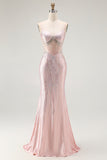 Blush Mermaid Spaghetti Straps Sheer Corset Long Prom Dress with Beading