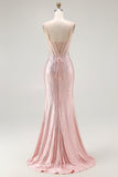 Blush Mermaid Spaghetti Straps Sheer Corset Long Prom Dress with Beading