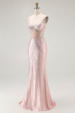 Blush Mermaid Spaghetti Straps Sheer Corset Long Prom Dress with Beading