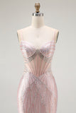 Blush Mermaid Spaghetti Straps Sheer Corset Long Prom Dress with Beading