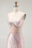 Blush Mermaid Spaghetti Straps Sheer Corset Long Prom Dress with Beading