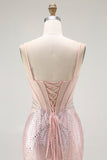 Blush Mermaid Spaghetti Straps Sheer Corset Long Prom Dress with Beading