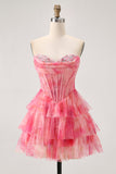 Red A-Line Strapless Tiered Corset Floral Homecoming Dress with Beading