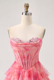 Red A-Line Strapless Tiered Corset Floral Homecoming Dress with Beading