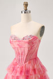 Red A-Line Strapless Tiered Corset Floral Homecoming Dress with Beading