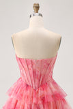 Red A-Line Strapless Tiered Corset Floral Homecoming Dress with Beading