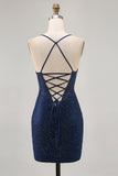 Dark Blue Bodycon Spaghetti Straps Homecoming Dress with Beading