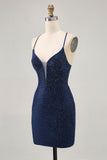Dark Blue Bodycon Spaghetti Straps Homecoming Dress with Beading