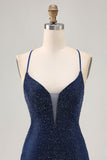 Dark Blue Bodycon Spaghetti Straps Homecoming Dress with Beading