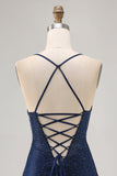 Dark Blue Bodycon Spaghetti Straps Homecoming Dress with Beading