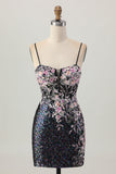 Sparkly Black Pink Flower Corset Short Tight Homecoming Dress with Sequins