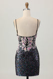 Sparkly Black Pink Flower Corset Short Tight Homecoming Dress with Sequins