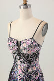 Sparkly Black Pink Flower Corset Short Tight Homecoming Dress with Sequins