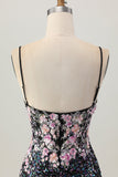 Sparkly Black Pink Flower Corset Short Tight Homecoming Dress with Sequins
