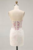Sparkly White Bodycon Spaghetti Straps Sequins Short Floral Homecoming Dress