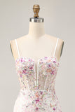 Sparkly Black Pink Flower Corset Short Tight Homecoming Dress with Sequins