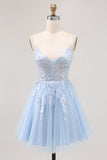 Sparkly Blue A Line Spaghetti Straps Sequins Short Homecoming Dress with Appliques
