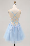 Sparkly Blue A Line Spaghetti Straps Sequins Short Homecoming Dress with Appliques