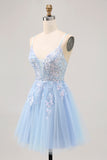 Sparkly Blue A Line Spaghetti Straps Sequins Short Homecoming Dress with Appliques