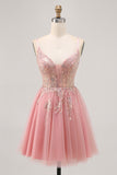 Sparkly Blush A Line Tulle Sequins Homecoming Dress with Appliques