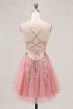 Sparkly Blush A Line Tulle Sequins Homecoming Dress with Appliques