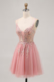 Sparkly Blush A Line Tulle Sequins Homecoming Dress with Appliques