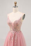Sparkly Blush A Line Tulle Sequins Homecoming Dress with Appliques