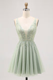 Green A Line V Neck Tulle Backless Short Homecoming Dress with Sequins