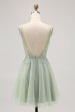 Green A Line V Neck Tulle Backless Short Homecoming Dress with Sequins