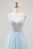 Blue A Line V-Neck Floral Appliqued Short Homecoming Dress