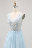 Blue A Line V-Neck Floral Appliqued Short Homecoming Dress