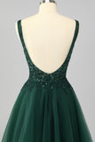 Dark Green A-Line Beaded Open Back Short Homecoming Dress with Sequins
