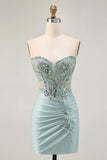 Sparkly Grey Green Bodycon Ruhced Strapless Homecoming Dress with Sequins