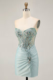 Sparkly Grey Green Bodycon Ruhced Strapless Homecoming Dress with Sequins