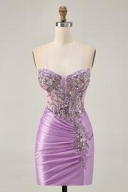 Lilac Strapless Corset Beaded Short Homecoming Dress with Sequins